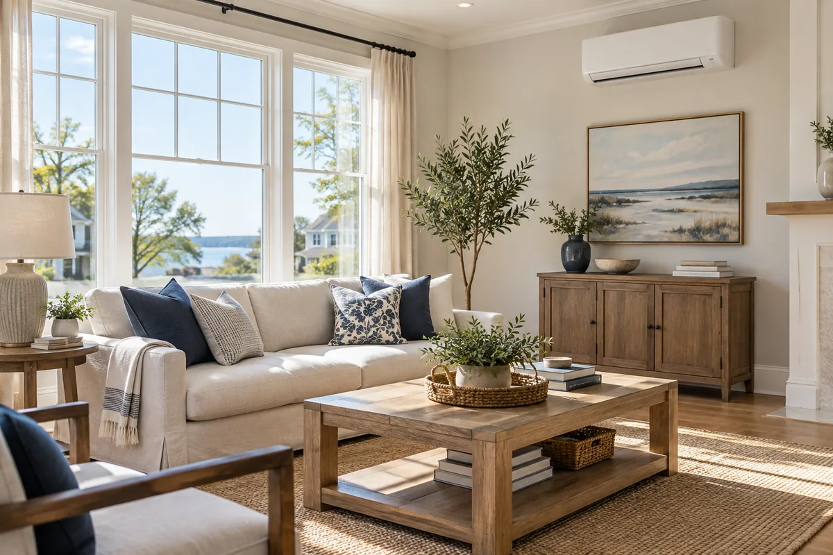 Bright living room with a wall-mounted ductless air conditioning system