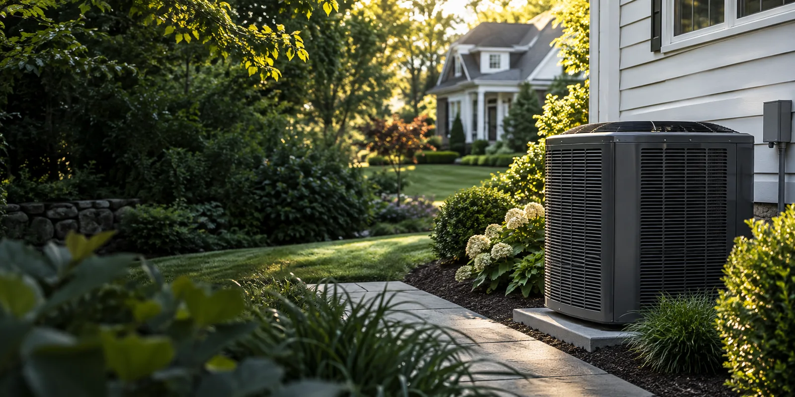 Outdoor air conditioning unit beside a landscaped suburban home